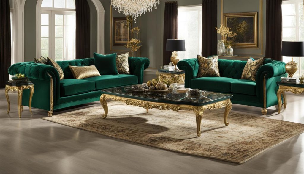 opulent tones with an emerald green sofa